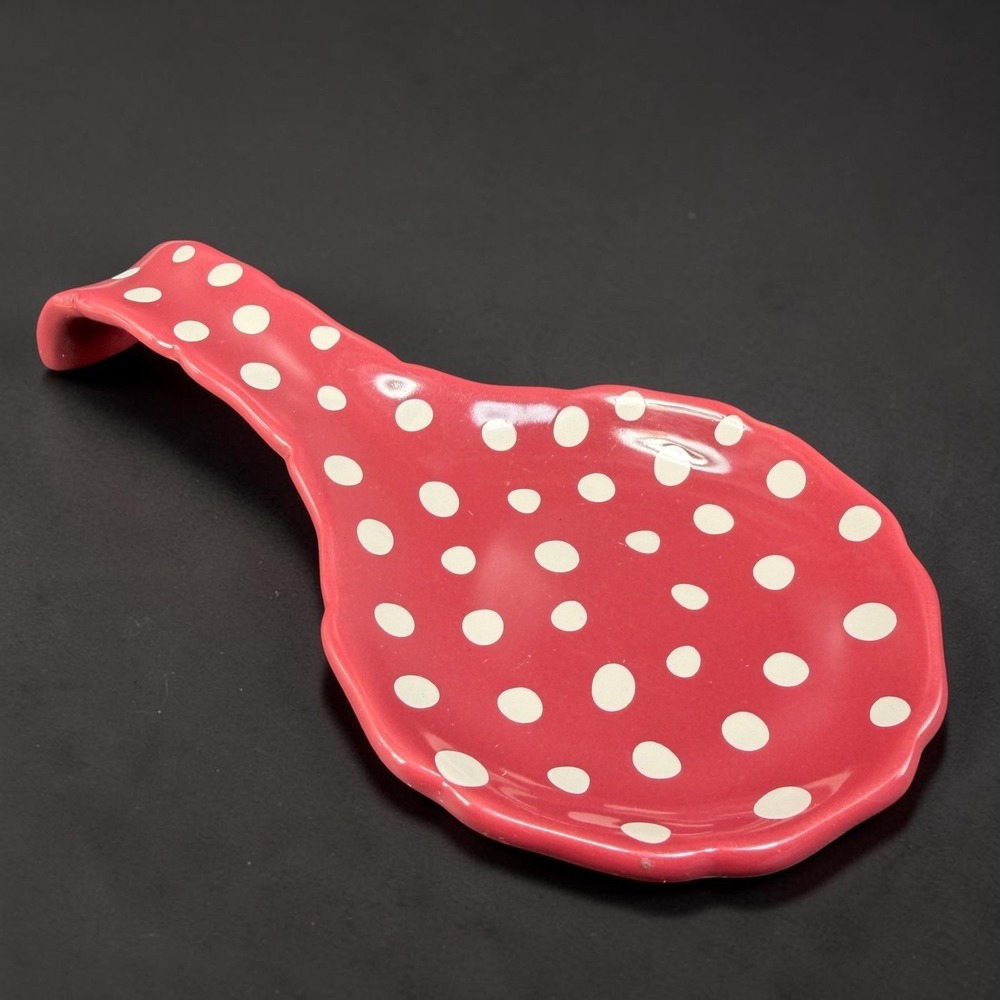 The Pioneer Woman Burgundy Polka Dot Ceramic Spoon Rest Scalloped Edge Stoneware